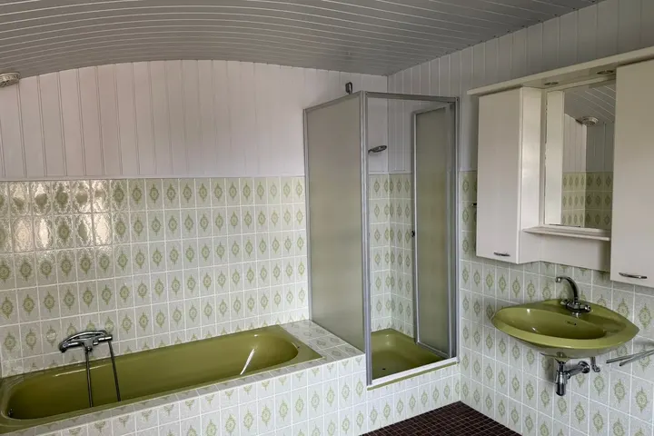 Oude badkamer met groen bad, douchescherm, groene wastafel en spiegelkast