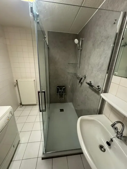 Badkamer met douche met glazen schuifdeuren, zitje en steunbeugels, steenlook panelen, wastafel en witte tegels
