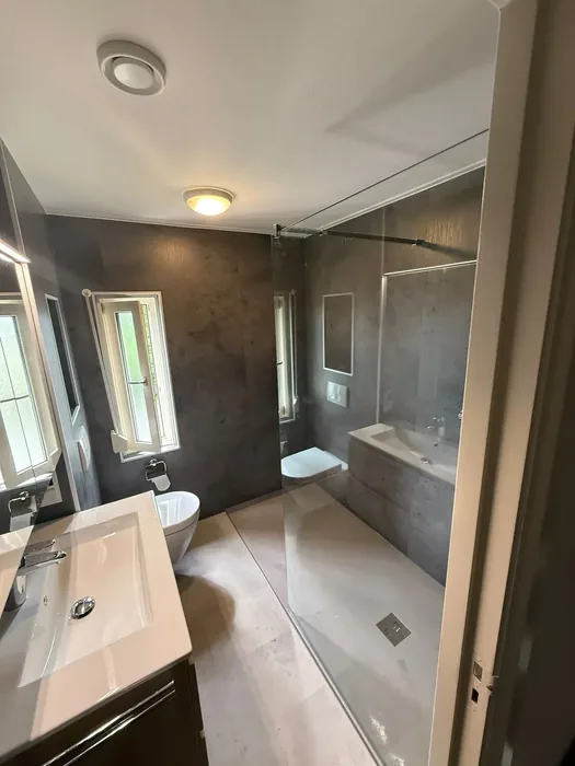 Complete badkamer met inloopdouche, glazen wand, hangtoilet, wastafelmeubel en donkere betonlook wandpanelen