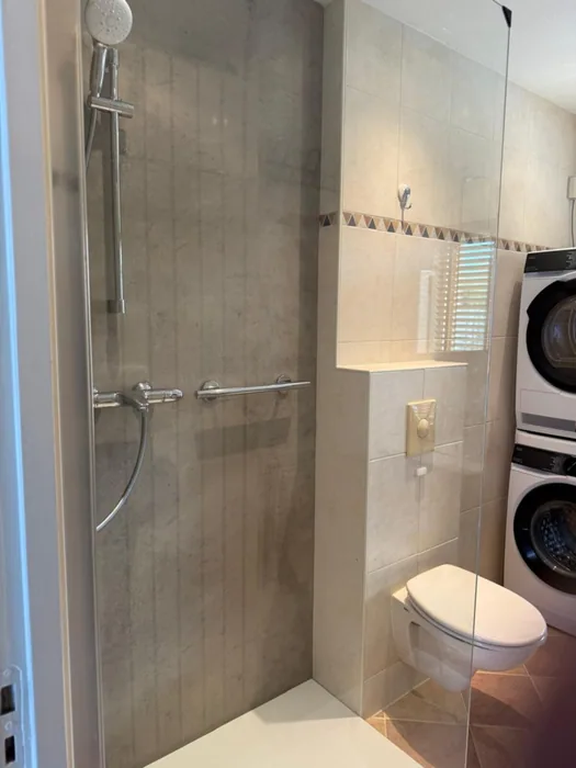 Inloopdouche met grijze betonlook wandpanelen, glazen wand en beugel, met toilet en wasmachine ernaast