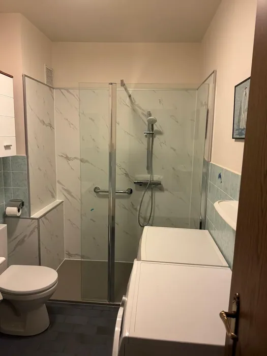 Kleine badkamer met inloopdouche, witte marmerlook wandpanelen, glazen wanden, toilet en wasmachine