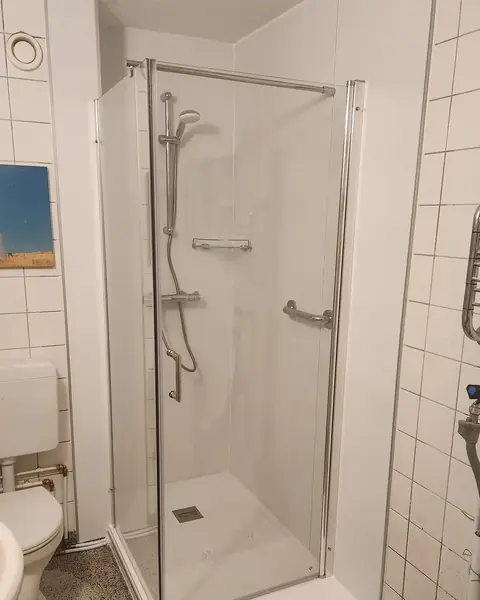 Dezelfde badkamer erna: douche met glazen deur en wandbeugel op de plek van het bad